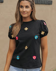 Oaklyn Embroidered Flower Short Puff Sleeve Tee