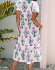 Floral Puff Sleeve V-Neck Midi Dress