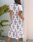 Julietta Floral Puff Short Sleeve V Neck High Waist Maxi Dress