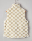 Checker Sherpa Snap Button Vest Jacket With Pockets