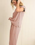 Solid Corded Short Sleeve T Shirt And Wide Leg Pants Set