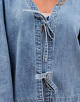 Oakley Tied Front Long Puff Sleeve Denim Top