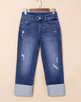 Jacy Cuffs Distressed Straight High Waist Jeans