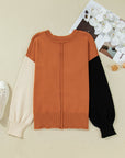 Colorblock Raw Edge Bubble Sleeve V-Neck Sweater