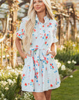 Siya Blue Stripe Floral Ruffle Short Sleeve Belted Mini Dress