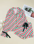Christmas Stripe Velvet Bow Cuffs Pajama Set