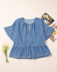 Liv Denim Ruffled Sleeve Lace up Front Peplum Top
