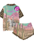 Baha Ranch Retro Pop Western Leopard Desert Cowgirl Satin Pajamas