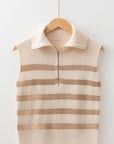 Everly Stripe Ribbed Half Zip Collared Sweater Vest