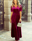 Katherine Velvet Short Sleeve Shirred Waist Tiered Dress