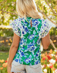 Elsa Floral Lace Trim Ruffle Sleeve Pleated Loose Blouse