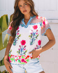 Maya Floral Striped Split Neck Blouse