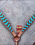 HILASON Western Horse Genuine Leather Headstall & Breast Collar Set Turquoise & Brown Zigzag