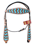 HILASON Western Horse Genuine Leather Headstall & Breast Collar Set Turquoise & Brown Zigzag