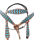 HILASON Western Horse Genuine Leather Headstall & Breast Collar Set Turquoise & Brown Zigzag