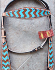 HILASON Western Horse Genuine Leather Headstall & Breast Collar Set Turquoise & Brown Zigzag
