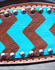HILASON Western Horse Genuine Leather Headstall & Breast Collar Set Turquoise & Brown Zigzag