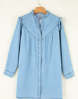 Denim Ruffle V-Neck Buttoned Mini Dress