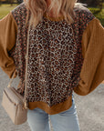 Leopard Floral Patchwork Ribbed Puff Sleeve Top