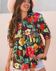 Adhara Flower Embroidered Trim Half Sleeve Blouse