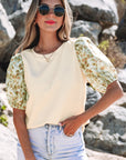 Rayne Floral Bubble Sleeve Patchwork Ribbed Top