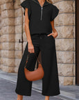 Textured Ruffle Half Zip Top and Pants Set