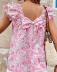 Floral Bow Back Ruffle Sleeve Blouse