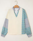 Floral Stripe Collared V-Neck Drop Sleeve Sweatshirt