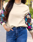 Floral Sleeve Textured Knit Drop Shoulder Top