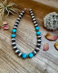 18 Inch 14 mm Sterling Silver Pearls necklace with turquoise