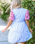 Kori Stripe Contrast Floral Puff Sleeve Tiered Ruffle Dress
