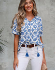 Grace Geometric Tassel Drawstring V Neck Blouse