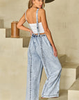 Denim Frayed Reverse Seam Wide Leg Overall