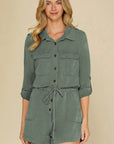 Reese Roll up Sleeve Flap Pockets Drawstring Romper