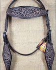 HILASON Western Horse Headstall & Breast Collar Tack Genuine American Leather Floral Rough Out Black