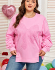 Pink Big Bow Lace Embroidered Dolman Sleeve Slit Plus Size Sweatshirt