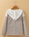 Stripe Textured Long Sleeve Hooded V-Neck Top