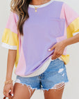 Colorblock Patchwork 3/4 Sleeve Chest Pocket T-Shirt