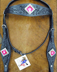 Hilason Western Headstall & Breast Collar Horse American Leather Black Pink