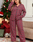 Plus Size Christmas Plaid Shirt and Pants Lounge Set