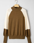 Colorblock Raglan Puff Sleeve Mock Neck Sweater