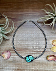 15-Inch Sterling Silver Pearl Necklace with Turquoise – One-of-a-Kind