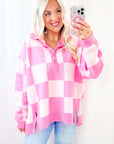 Pink Checkered Button Collared Sweater