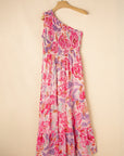 Malaysia Floral Print Shirred One Shoulder Maxi Dress