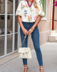Floral Contrast Puff Sleeve Blouse