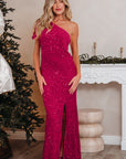 Sequin One Shoulder Thigh High Split Bodycon Gown