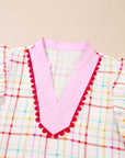 Plaid Colorblock Flutter Sleeve Blouse