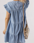 Zoey Ruffle Short Sleeve Tiered A-line Denim Dress