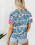 Lara Puff Sleeve Frilled Neck Printed Top