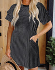 Stripe Ruffle Sleeve Crewneck T-Shirt Mini Dress